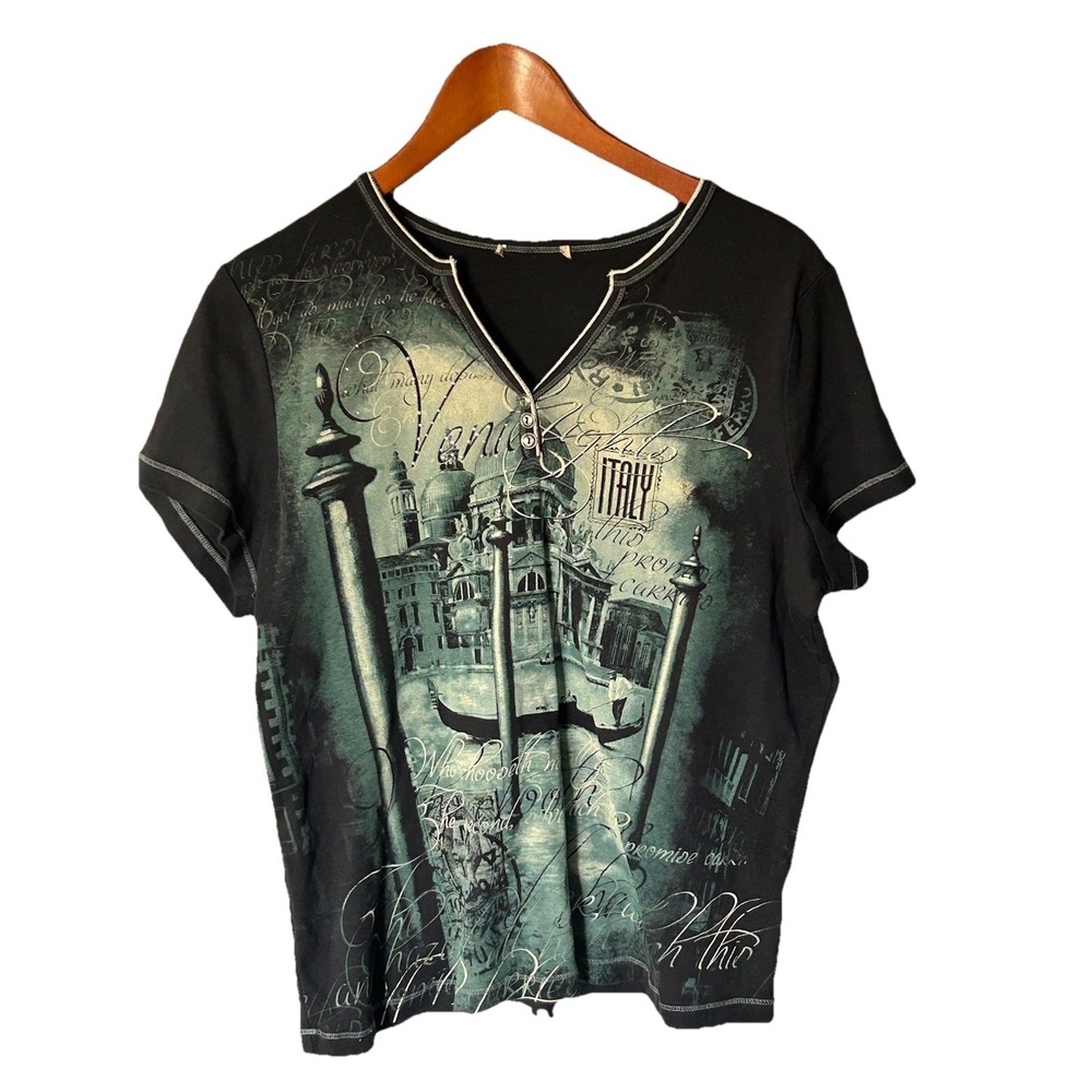Blue Canyon Y2K T Shirt Women's 1X Blue Venice Italy Graphic Embellished Gothic